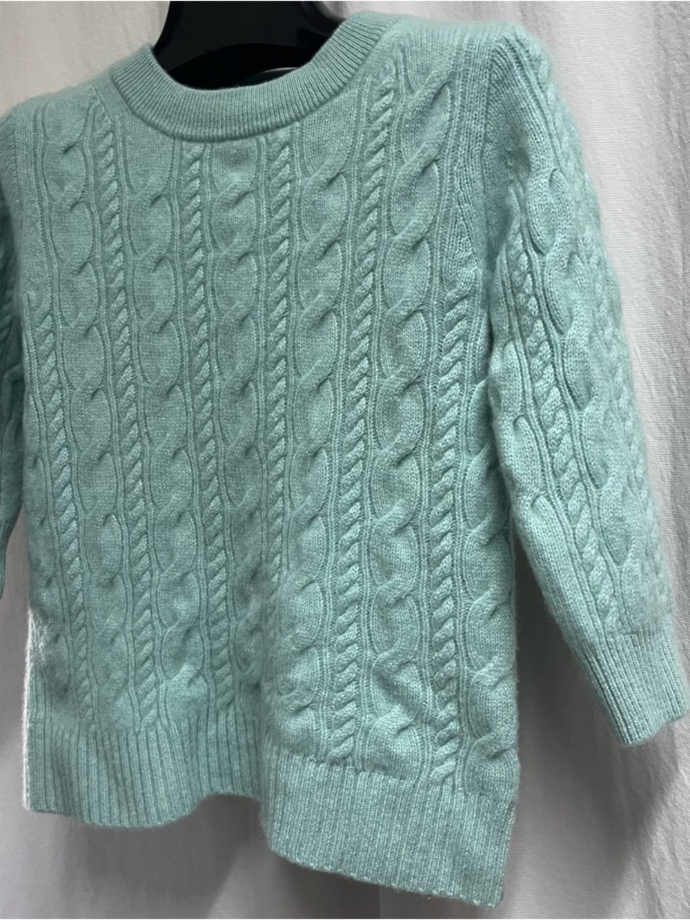J. Crew Black Label 100% Cashmere 3/4 Sleeve Teal Sweater Medium Cable Knit - Picture 2 of 6